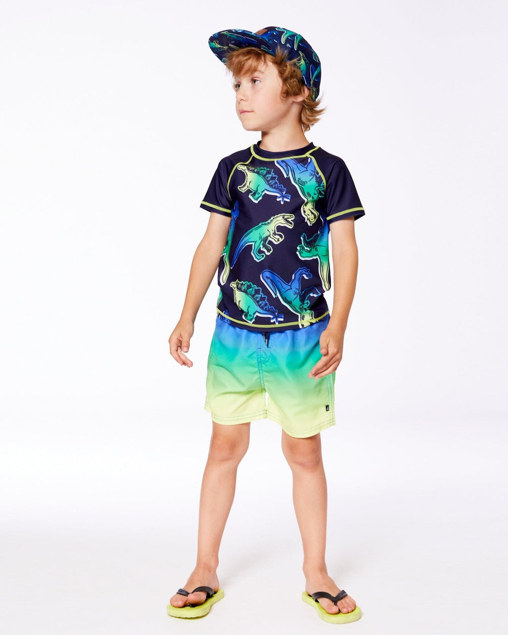 Short Sleeve Rashguard Blue And Green Dino On Navy