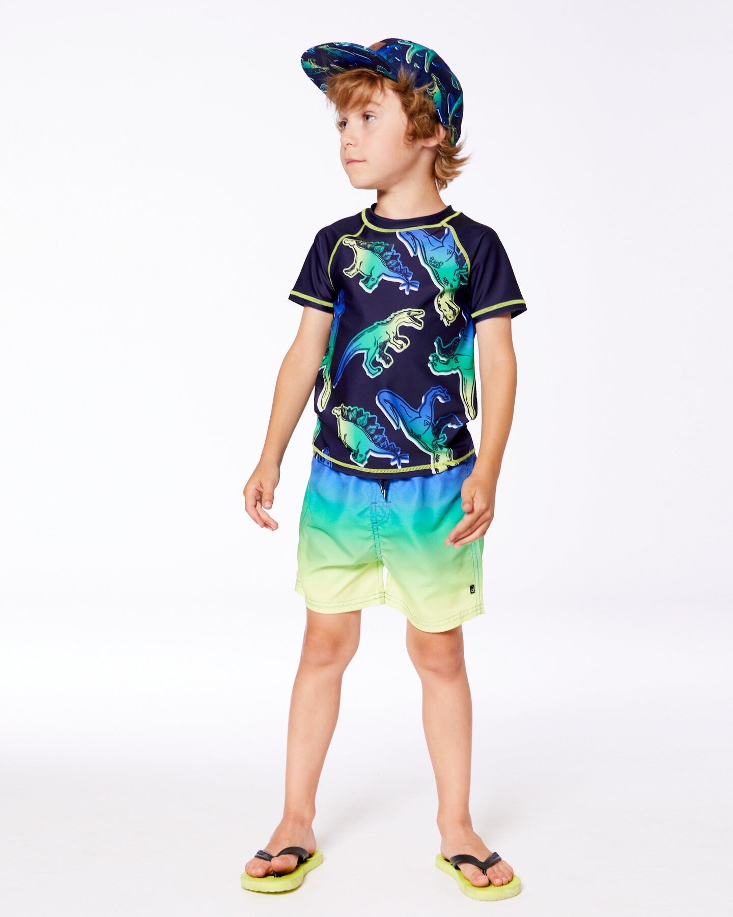 Short Sleeve Rashguard Blue And Green Dino On Navy