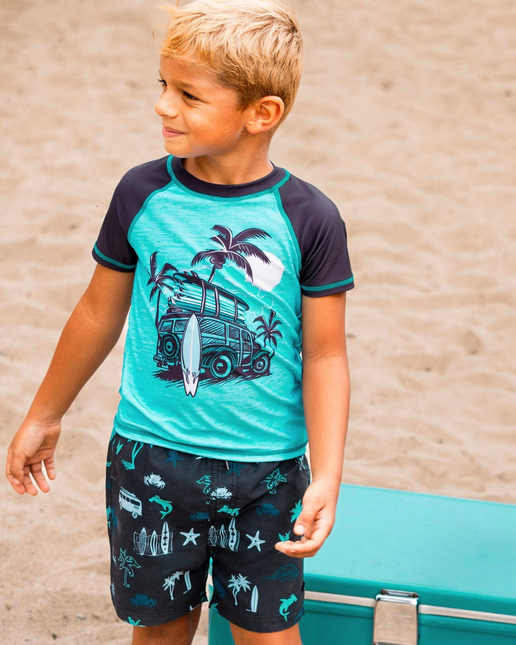 Printed Swim Trunks Light Blue Beach On Black