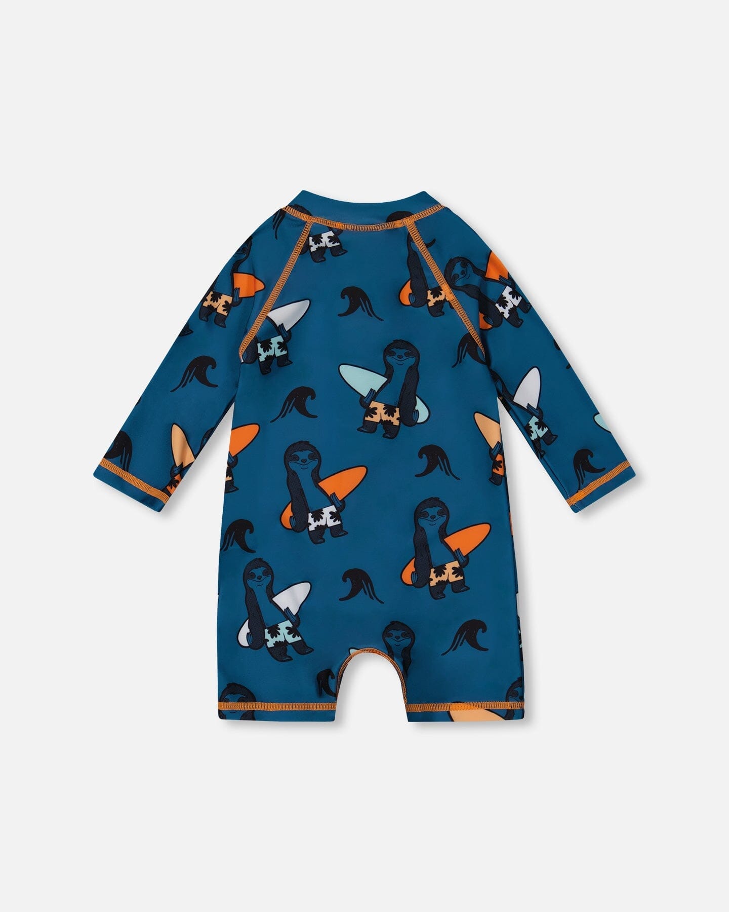 Printed Long Sleeve One-Piece Rashguard Orange Sloths On Navy Blue