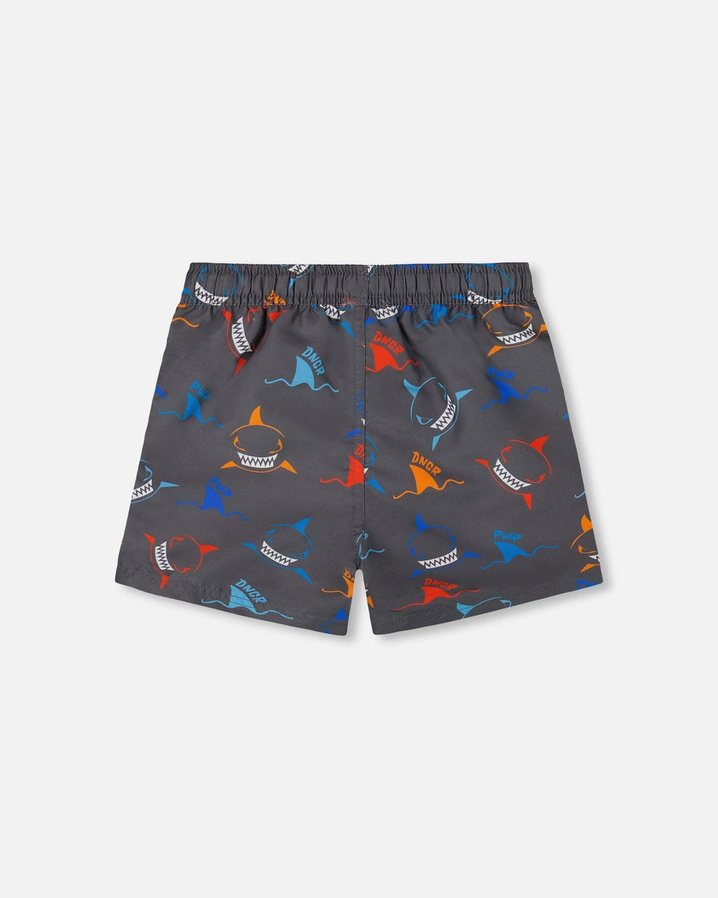 Printed Boardshorts Orange, Red, And Blue Sharks On Gray