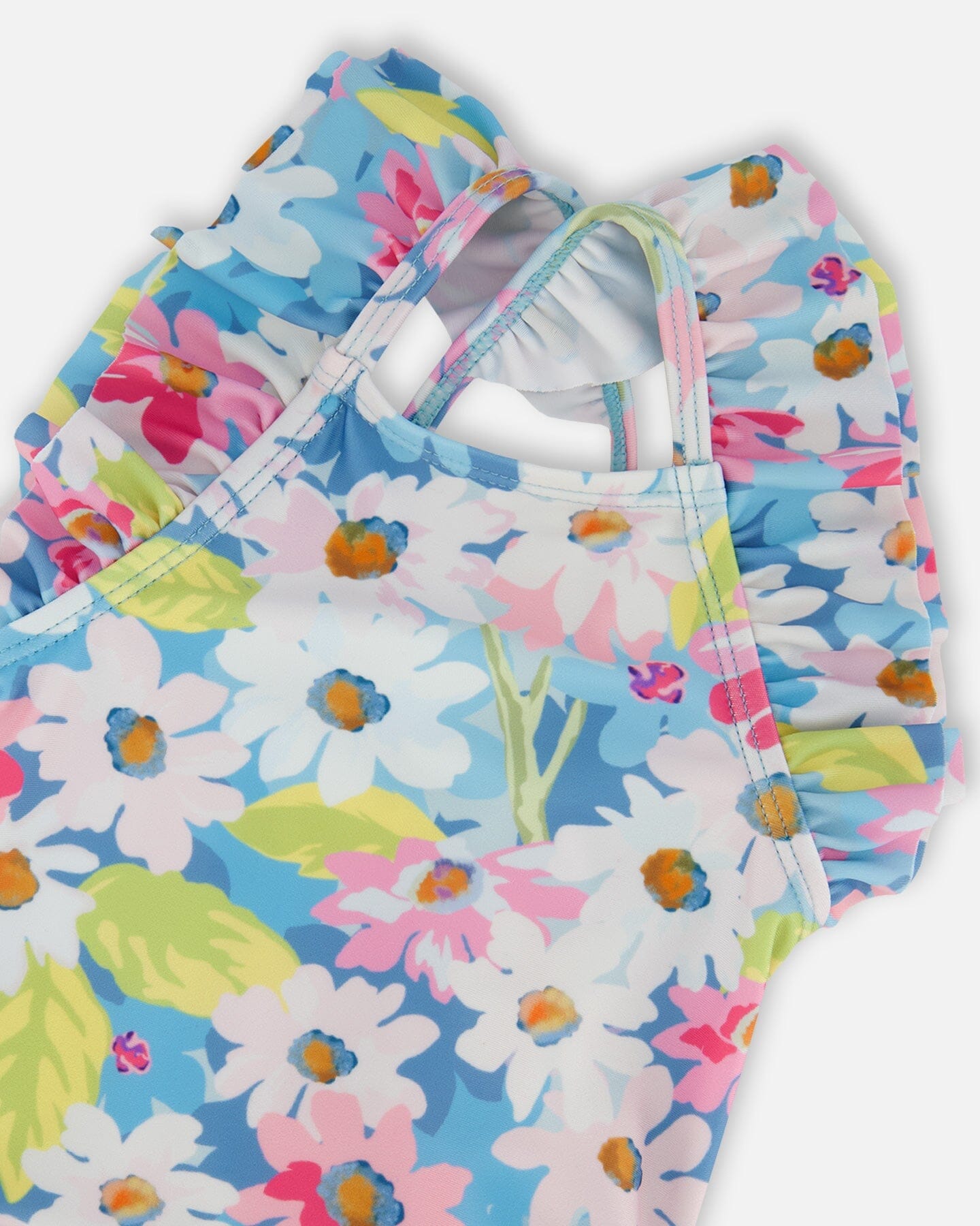 Printed One-Piece Swimsuit With Frills White, Pink, And Green Flowers