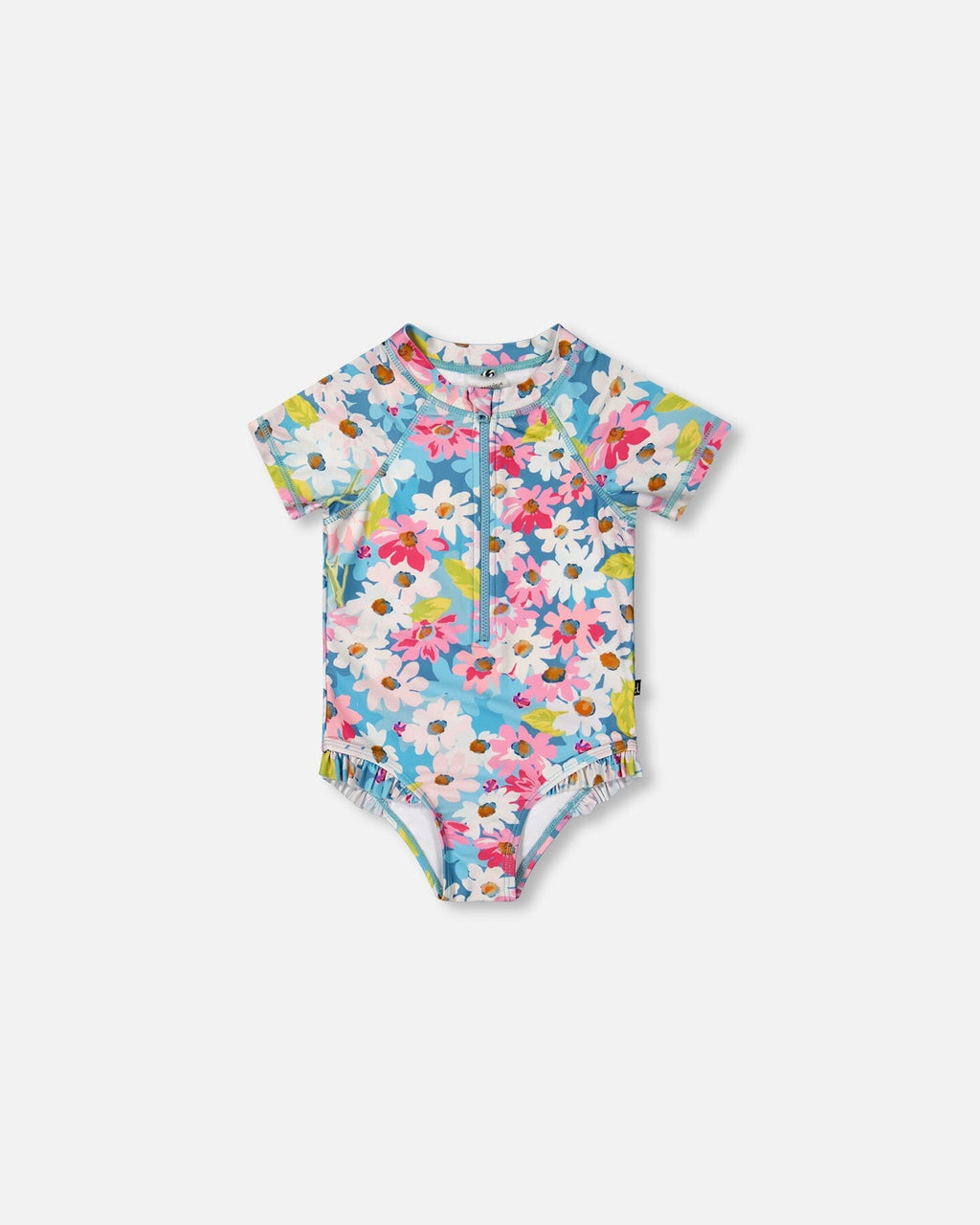 Printed Short Sleeve One-Piece Swimsuit With Frills White, Pink, And Green Flowers