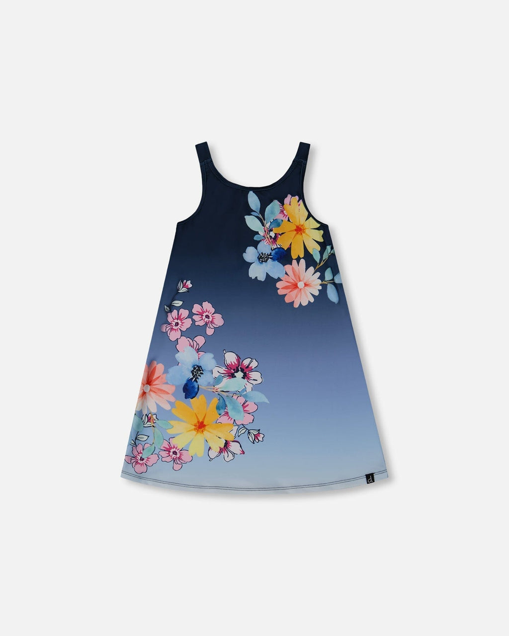 Printed Beach Dress Yellow, Pink Flowers On Navy Blue Background