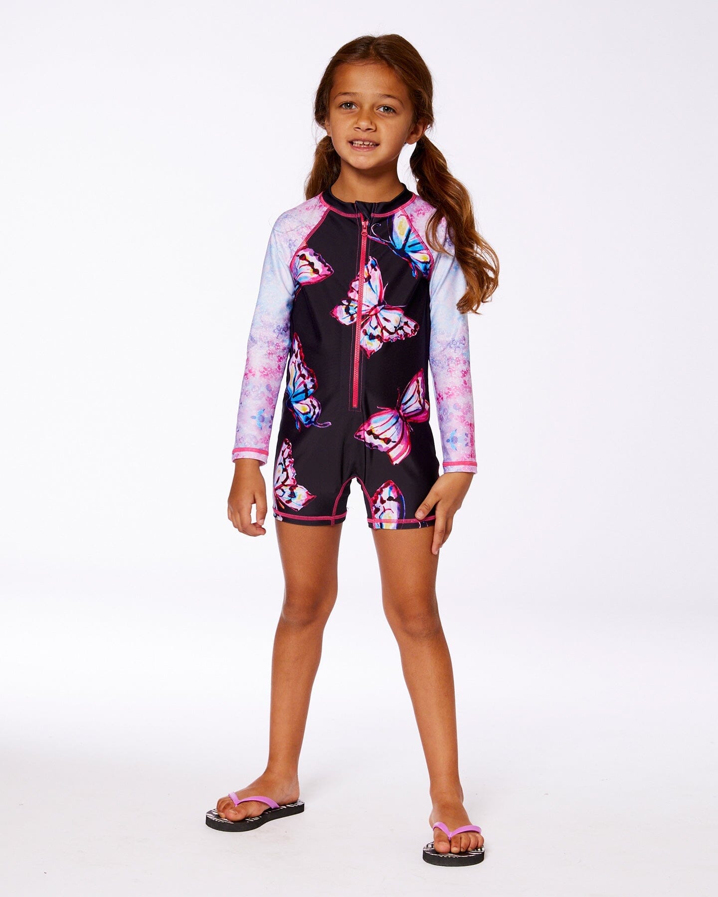 Printed Long Sleeve One-Piece Rashguard Black And Multicolored Butterflies