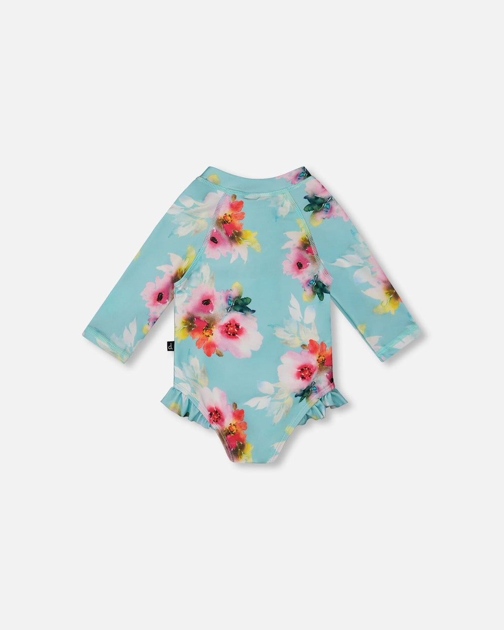 Printed One-Piece Rashguard With Frills Turquoise And Pink Flowers