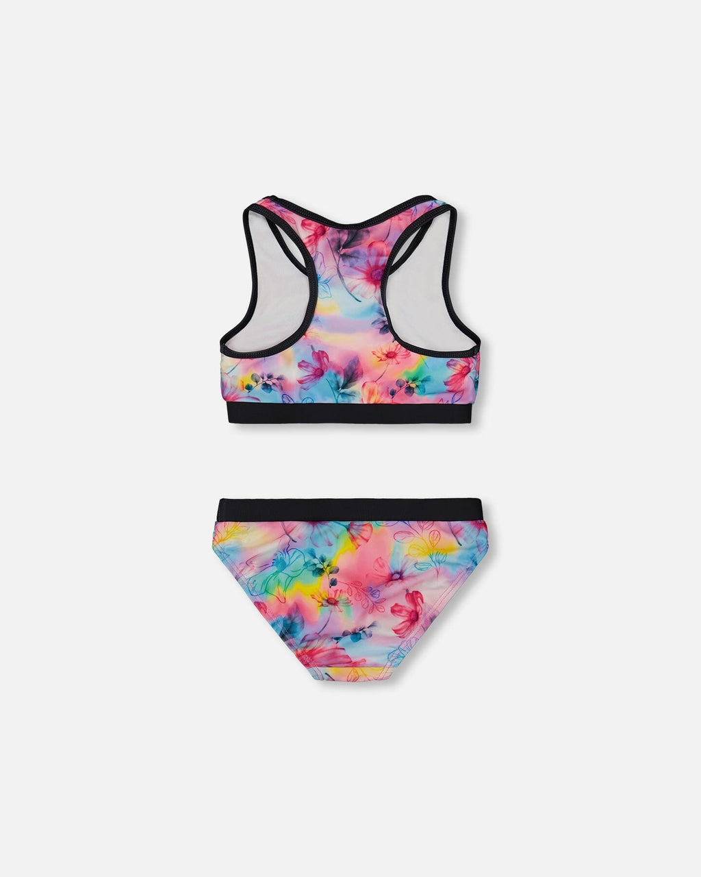Printed Two-Piece Racerback Swimsuit Butterflies On Multicolored And Black Background