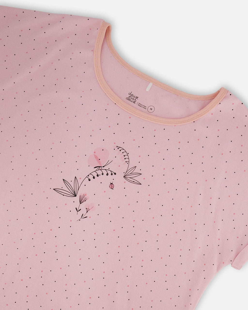 Women'S Printed Organic Cotton Two-Piece Pajama Set Small Pink Flowers On Pale Pink Background