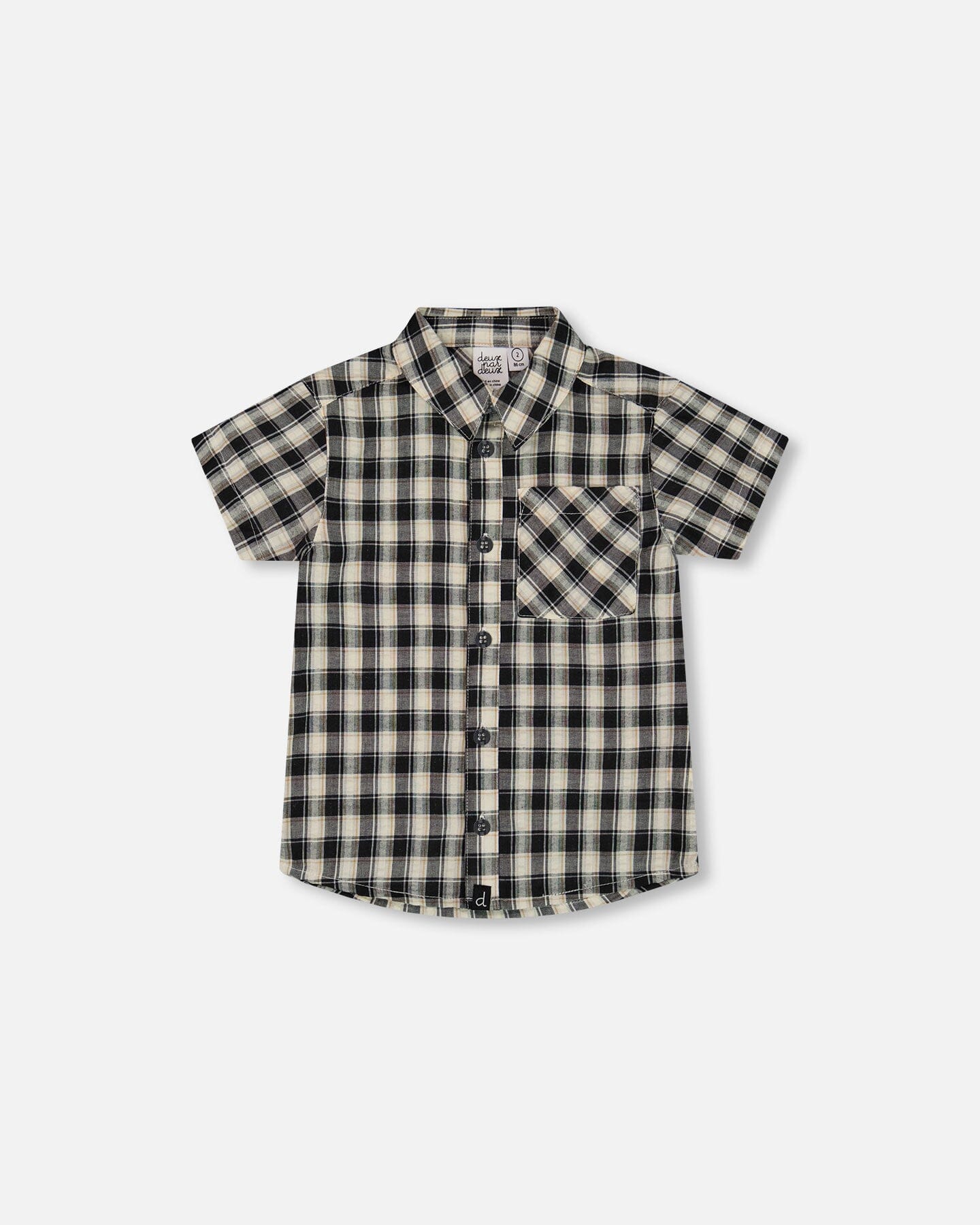 Short Sleeve Button Down Shirt Black And Beige Plaid