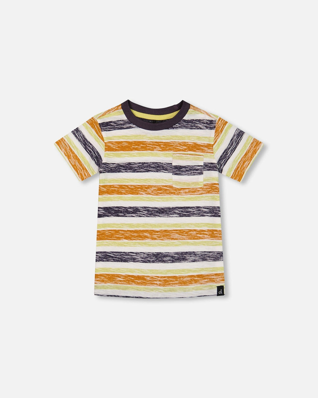 Printed Organic Cotton Tee Navy Striped, Orange, And Lime Green
