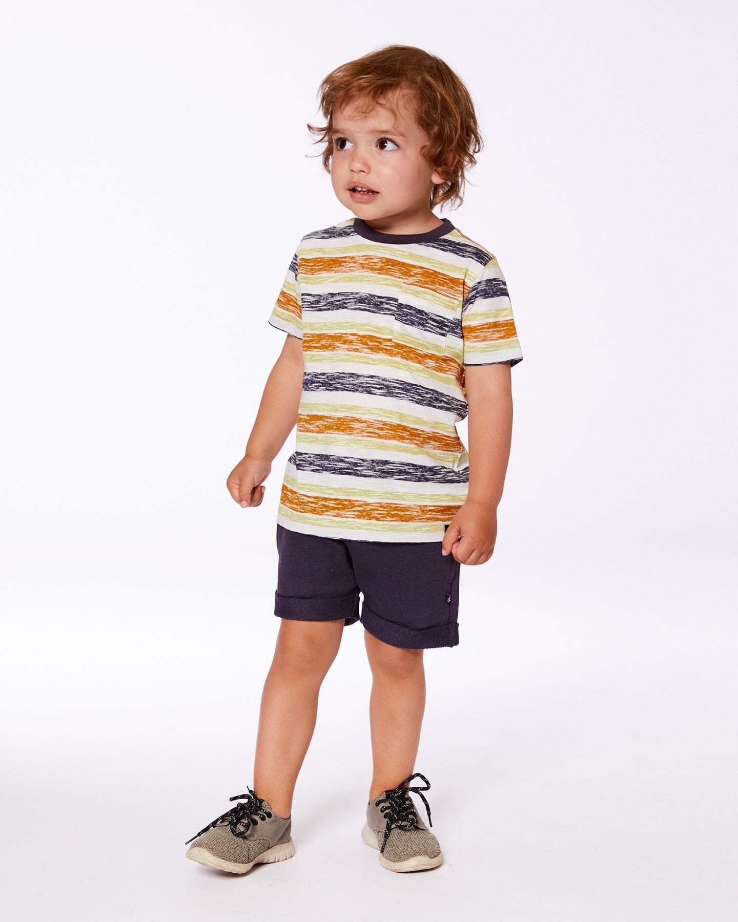 Printed Organic Cotton Tee Navy Striped, Orange, And Lime Green