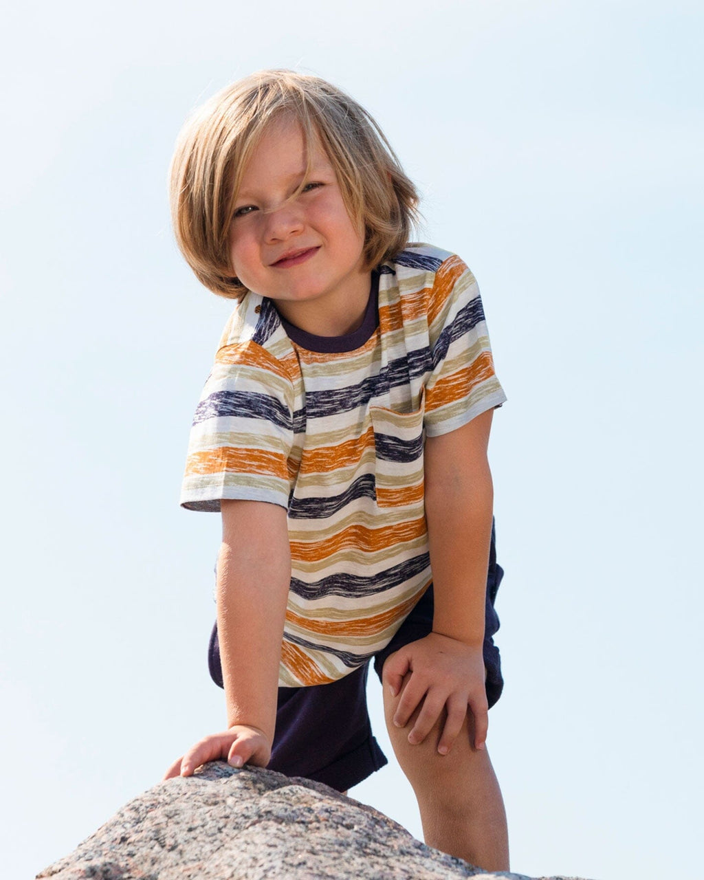 Printed Organic Cotton Tee Navy Striped, Orange, And Lime Green
