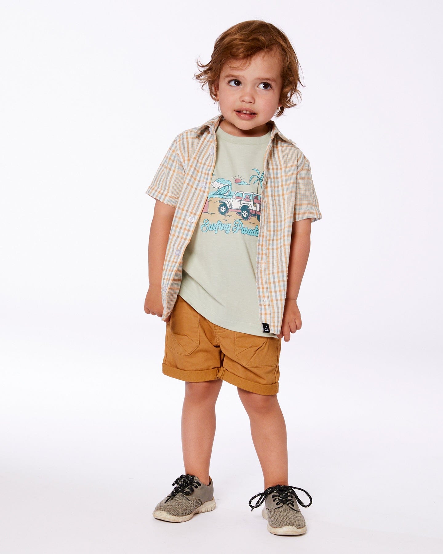 Short Sleeve Button Down Shirt Beige And Sage Plaid