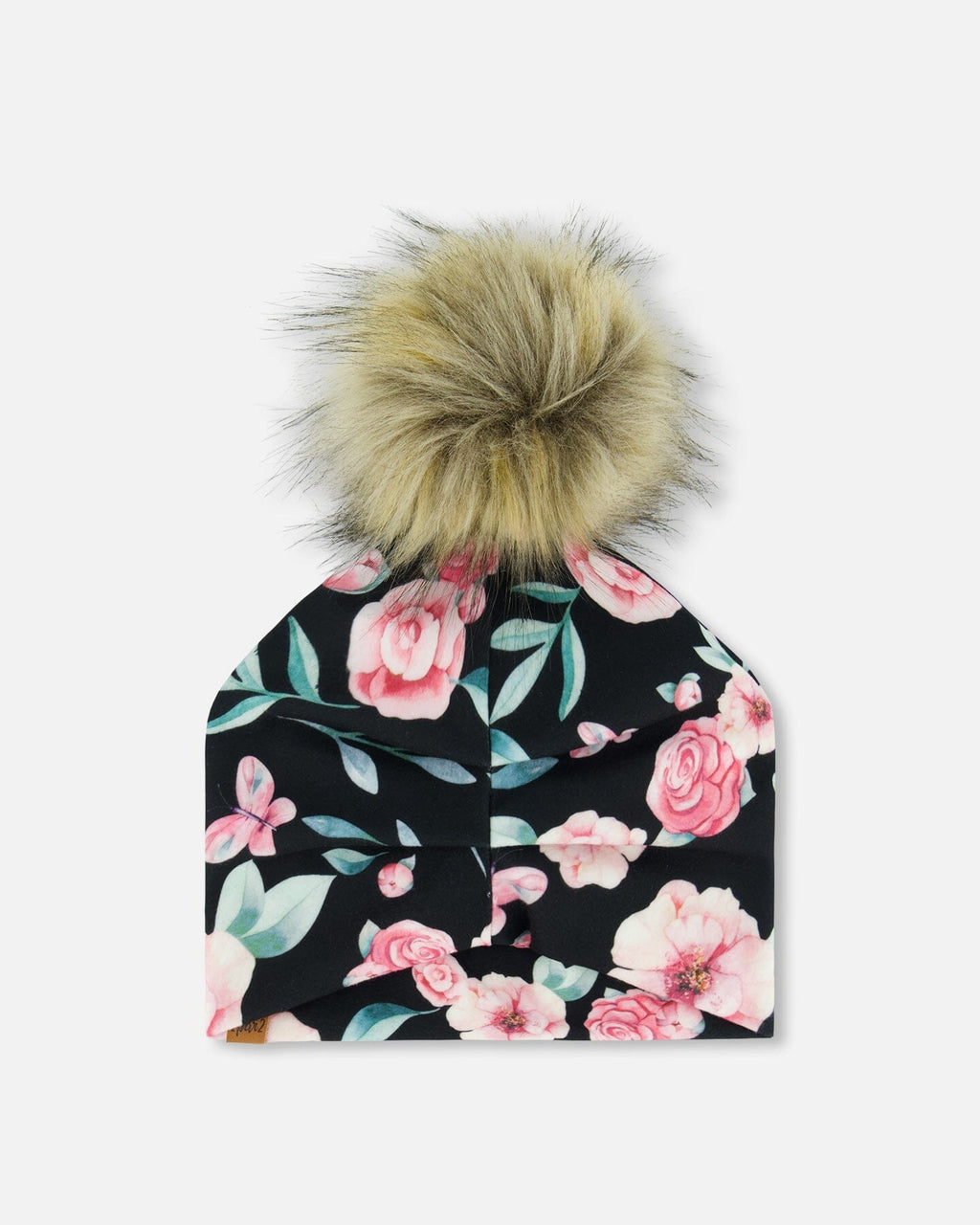 Printed Jersey Detachable Pompom Hat Pink, Black, And Flowers