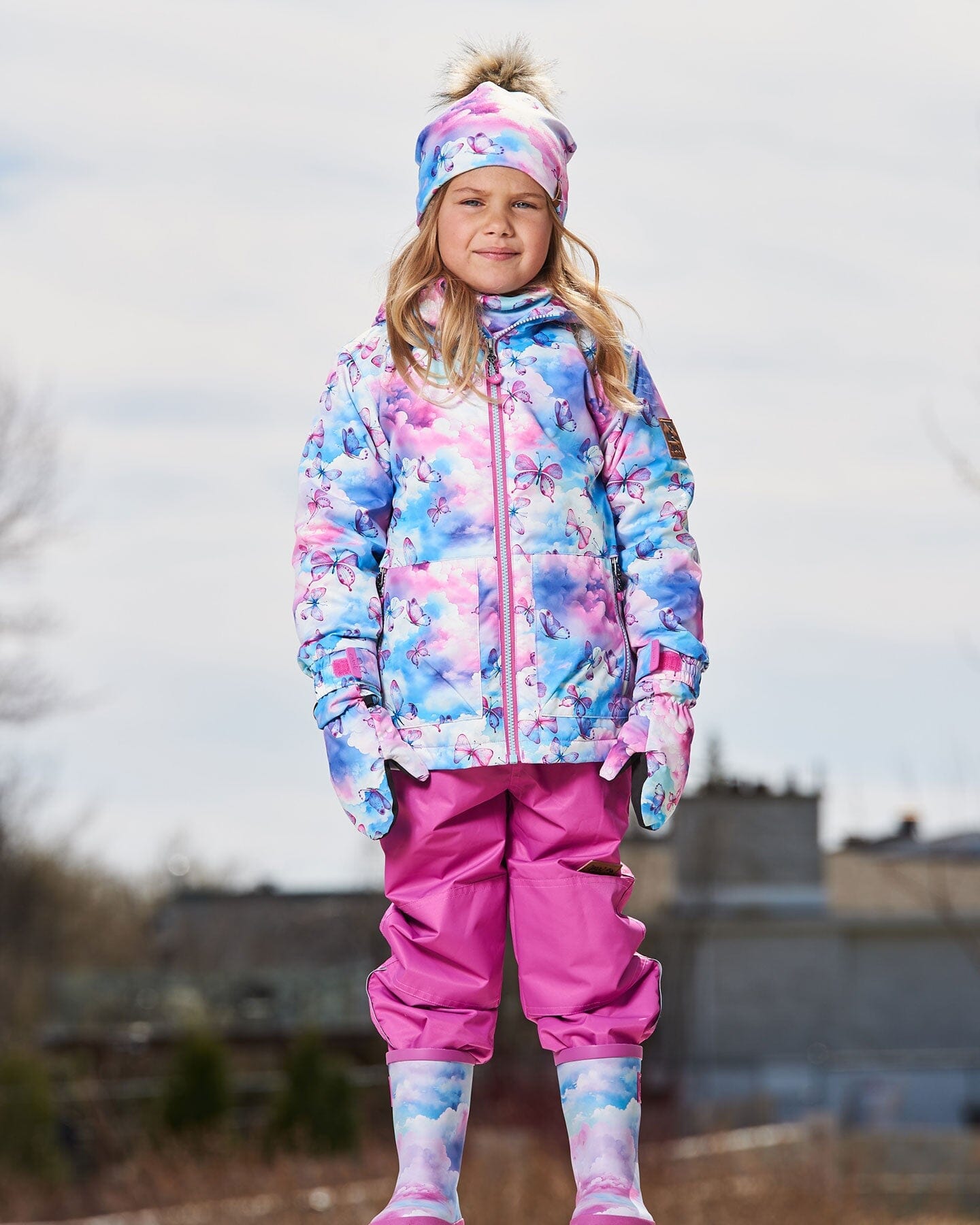 Printed Jacket Two-Piece Mid-Season Outerwear Set Butterflies On Multicolored And Vibrant Pink Background