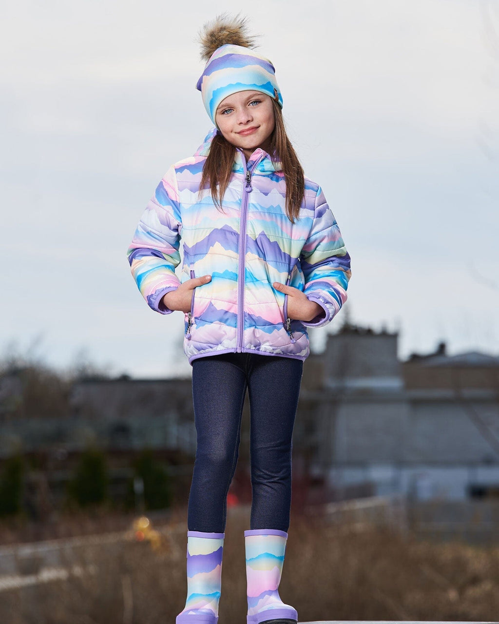 Printed Quilted Mid-Season Jacket Mauve And Blue, Pink Mountain