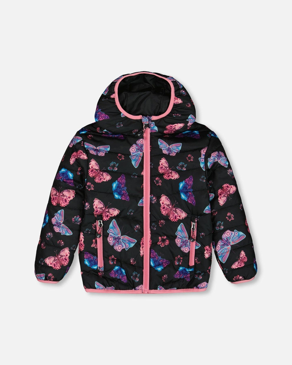 Printed Quilted Mid-Season Jacket Multicolored Butterflies On Black Background