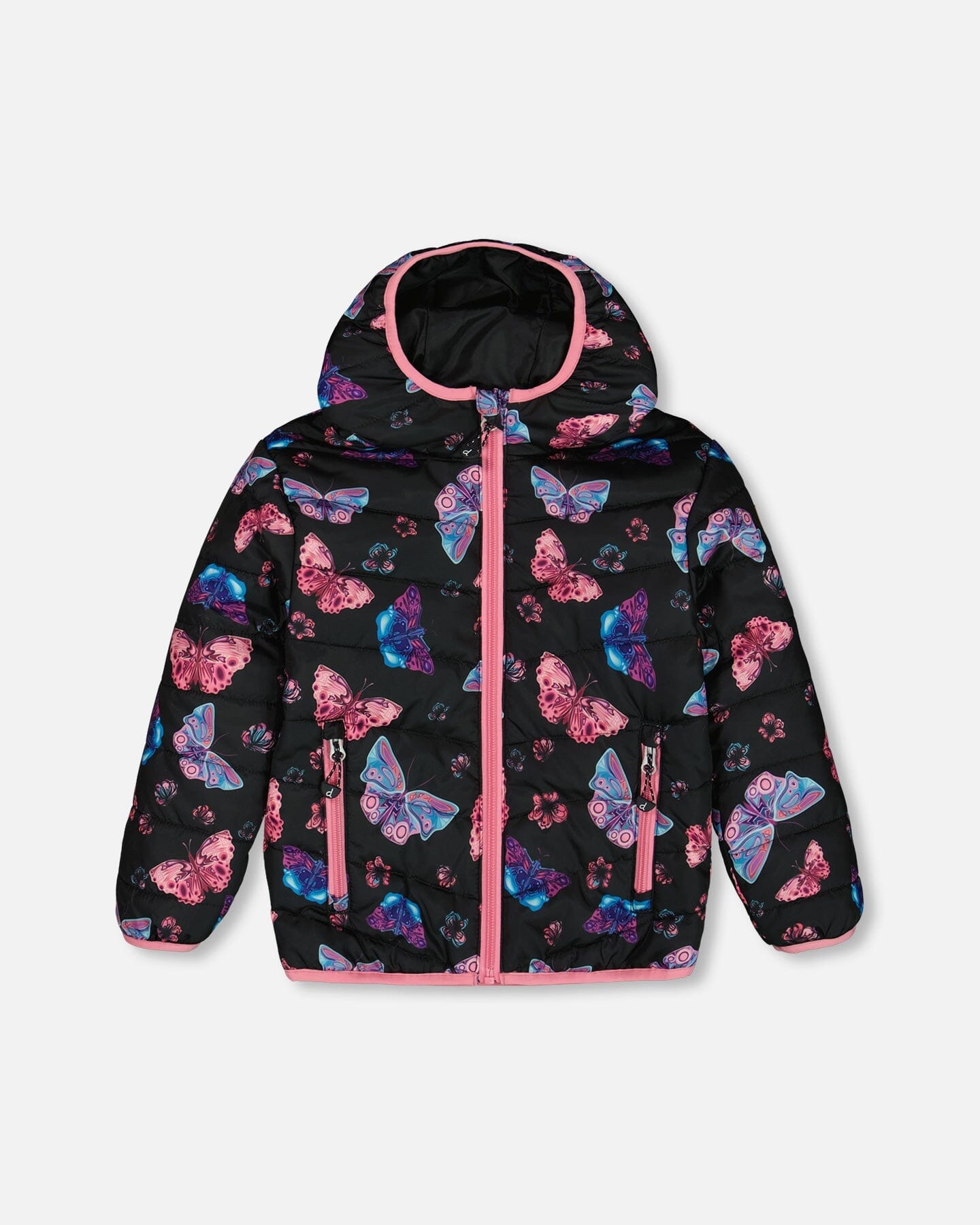 Printed Quilted Mid-Season Jacket Multicolored Butterflies On Black Background