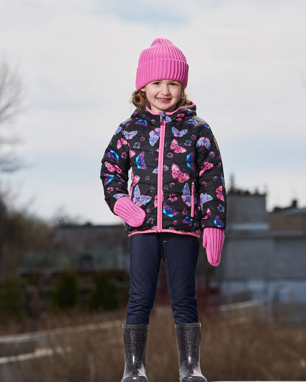 Printed Quilted Mid-Season Jacket Multicolored Butterflies On Black Background