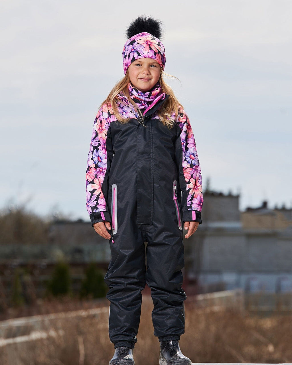 Mid-Season One-Piece Outerwear Black With Pink And Orange Flowers