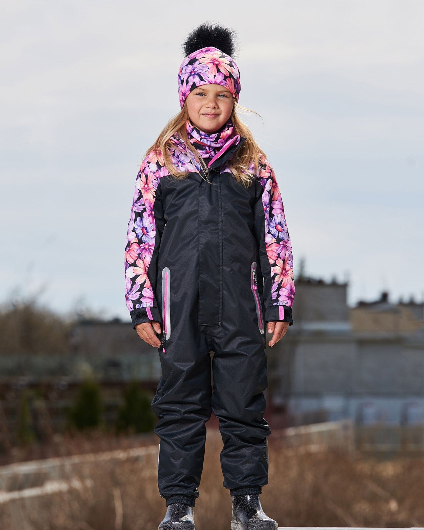 Mid-Season One-Piece Outerwear Black With Pink And Orange Flowers