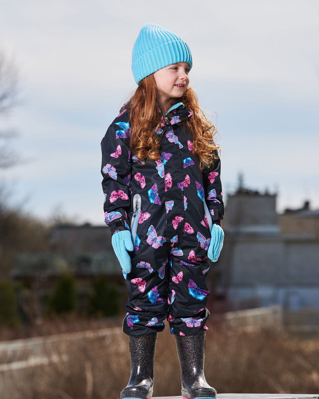 Printed Mid-Season One-Piece Outerwear Multicolored Butterflies On Black Background