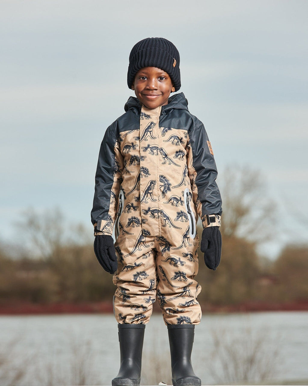 Printed Mid-Season One-Piece Outerwear Black Dinosaur On Beige Background