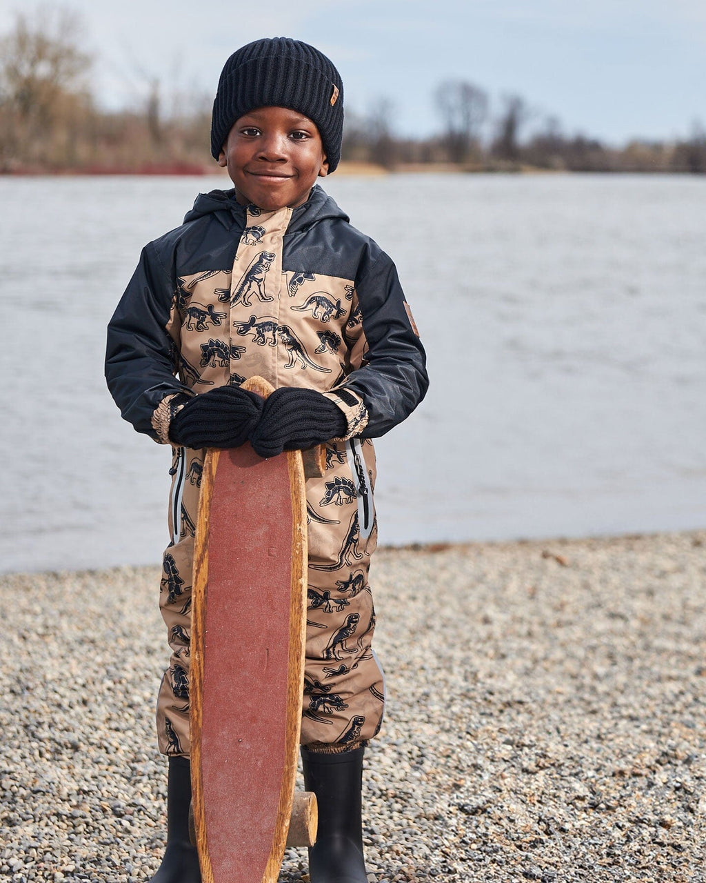 Printed Mid-Season One-Piece Outerwear Black Dinosaur On Beige Background