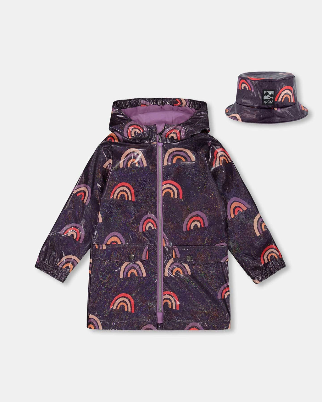 Printed Rain Coat With Hat Rainbow On Shiny Background