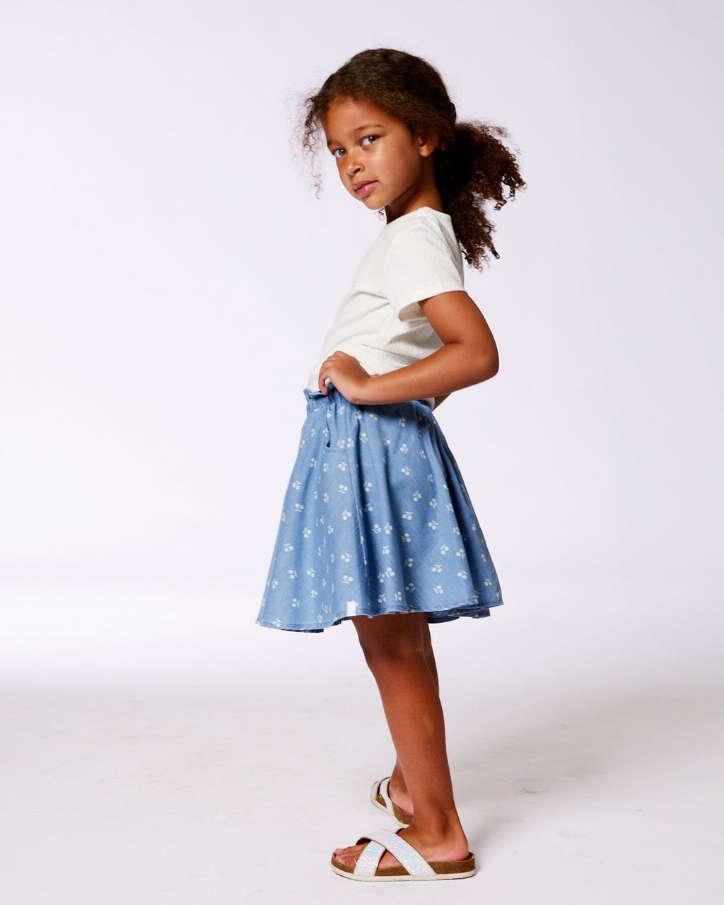 Printed Chambray Skort Blue And White Cherries