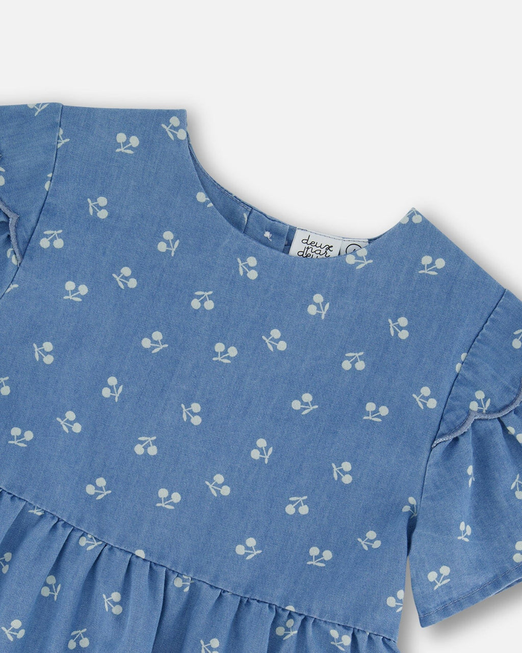 Printed Chambray Dress Blue And White Cherries