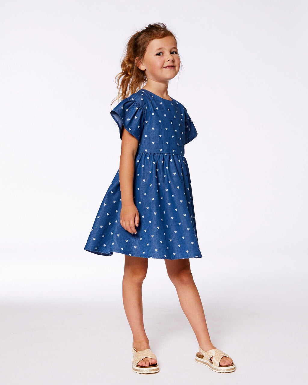 Printed Chambray Dress Navy Blue And White Hearts