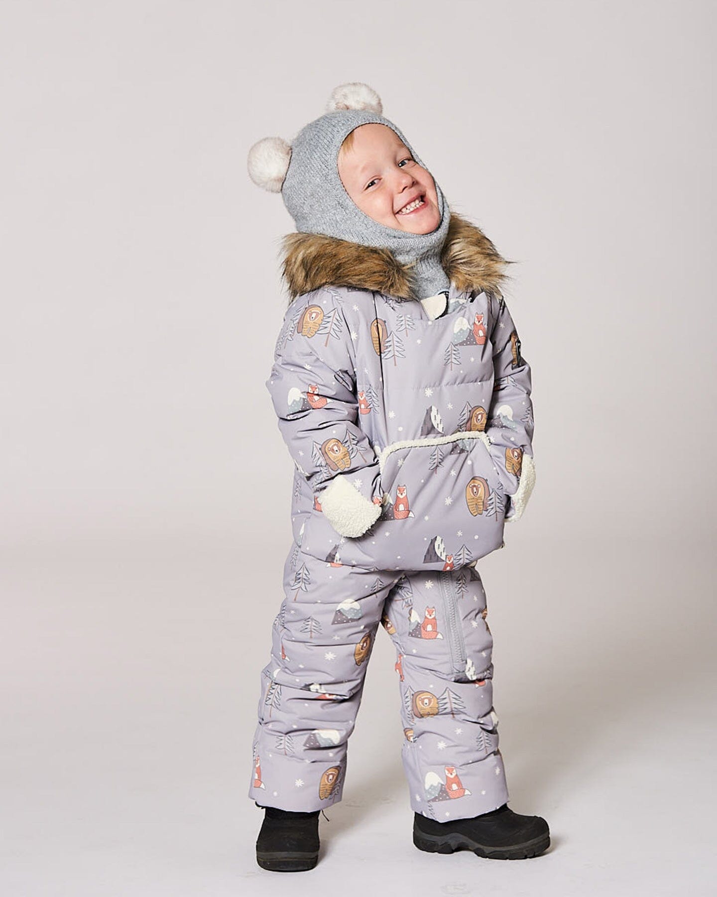 One-Piece Baby Snug Snowsuit Designed For Car Seat Gray Bear Print