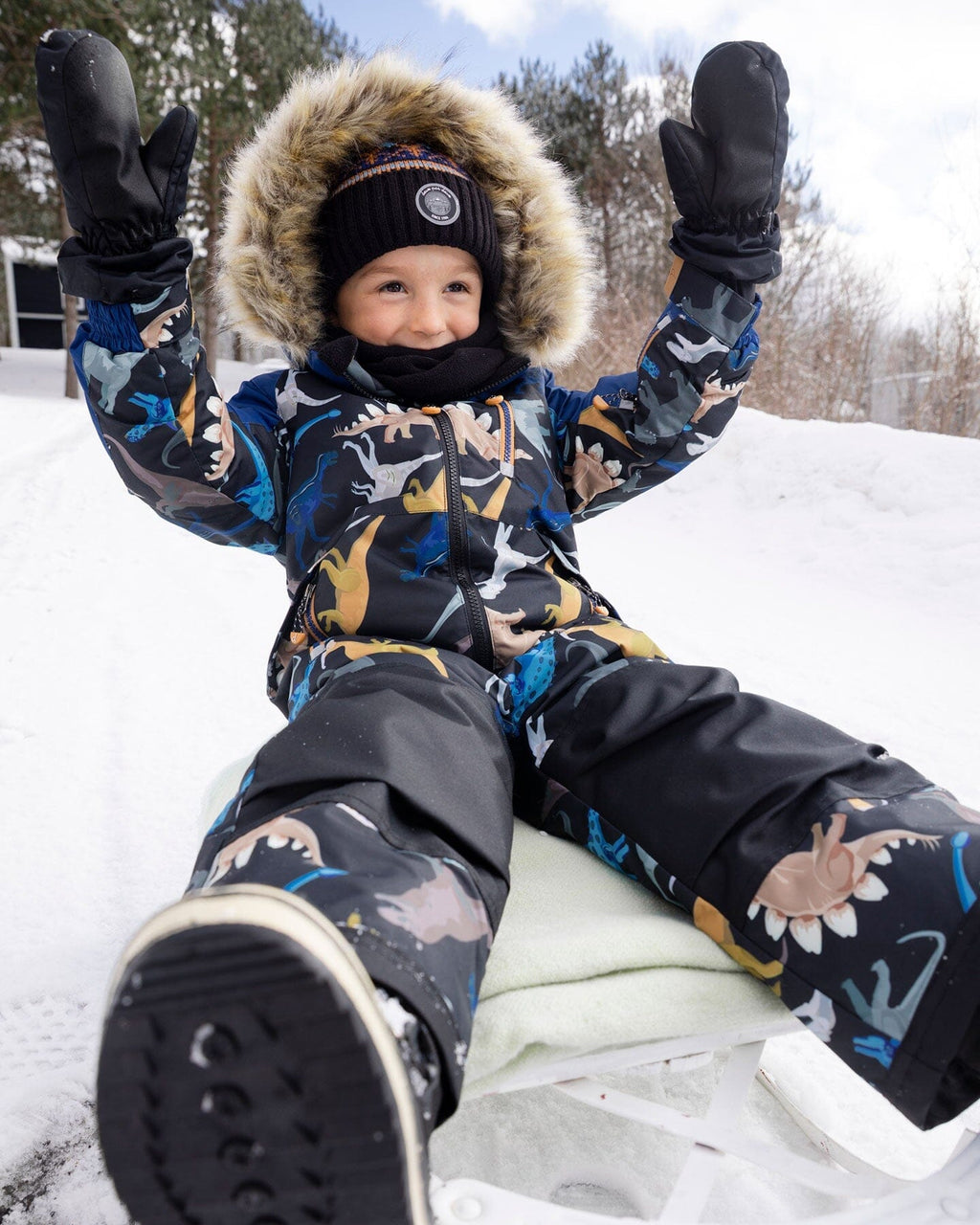 One-Piece Play Snowsuit Black Dinosaur Print