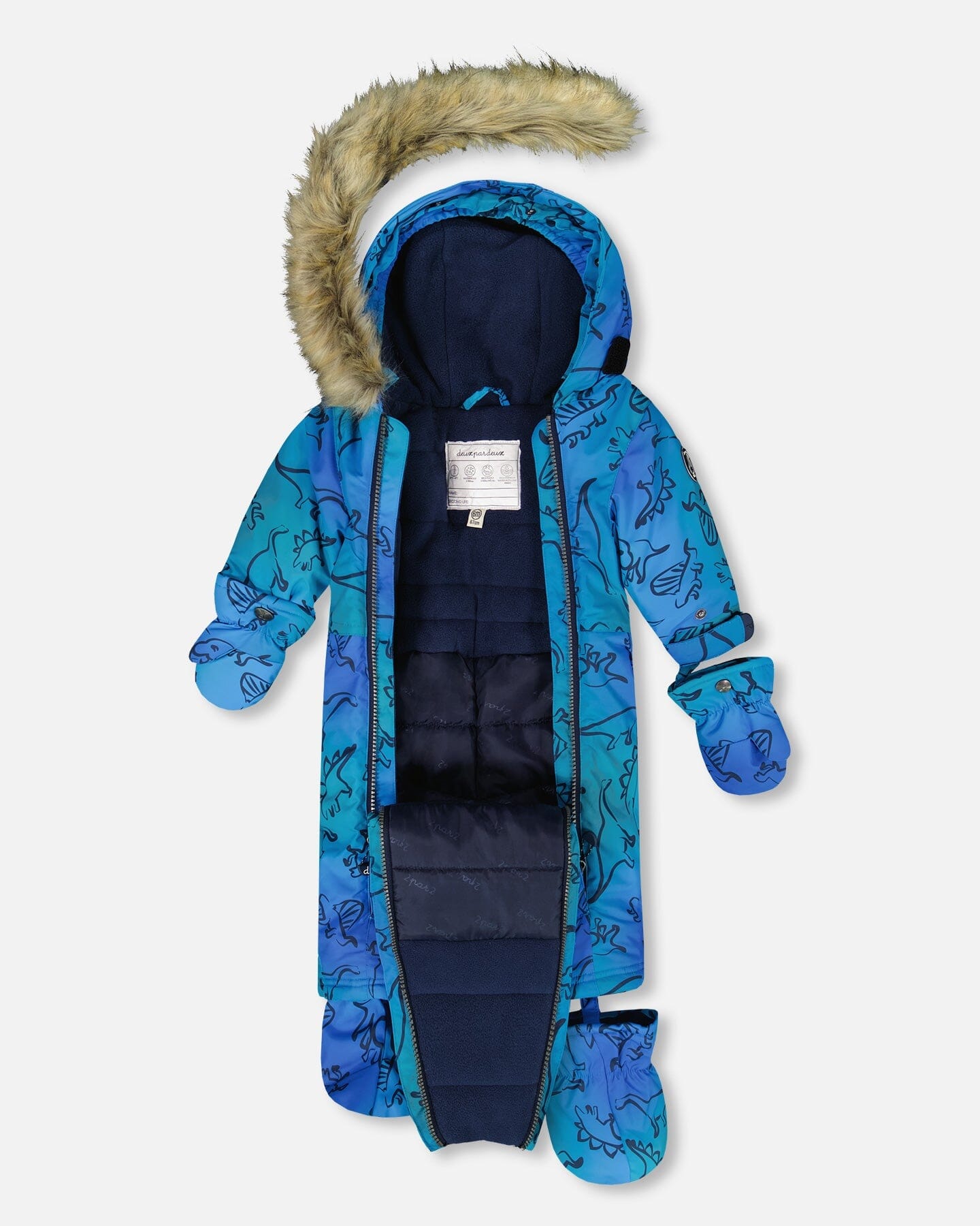 One-Piece Baby Play Snowsuit Designed For Car Seat Blue Gradient Dinosaur Print