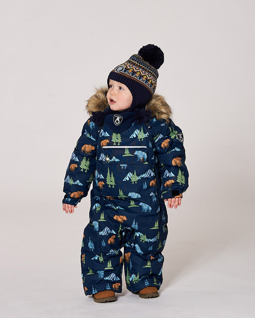 One-Piece Baby Play Snowsuit Designed For Car Seat Navy Animal Print
