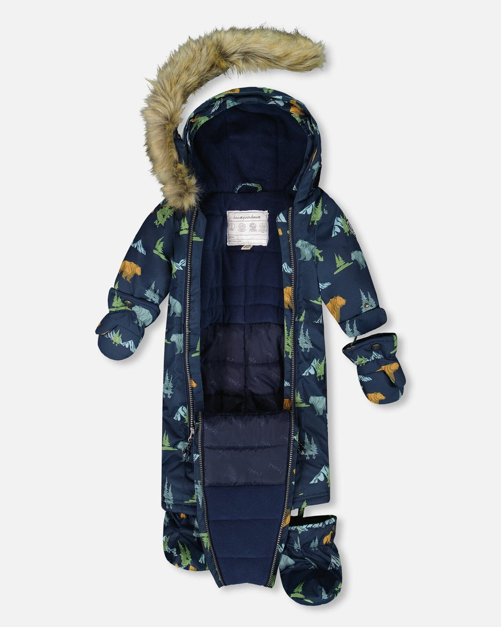 One-Piece Baby Play Snowsuit Designed For Car Seat Navy Animal Print