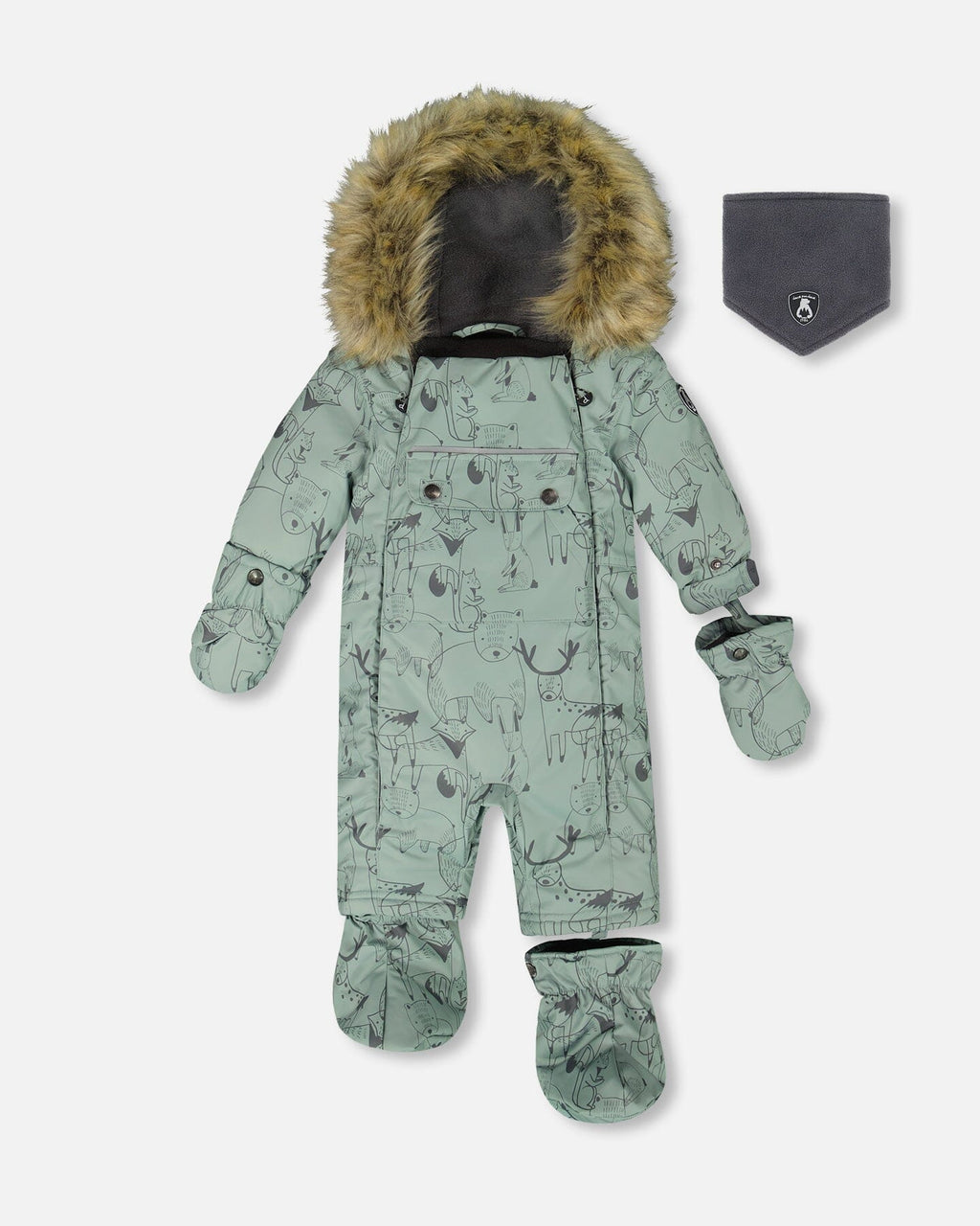 One-Piece Baby Play Snowsuit Designed For Car Seat Sage Animal Print