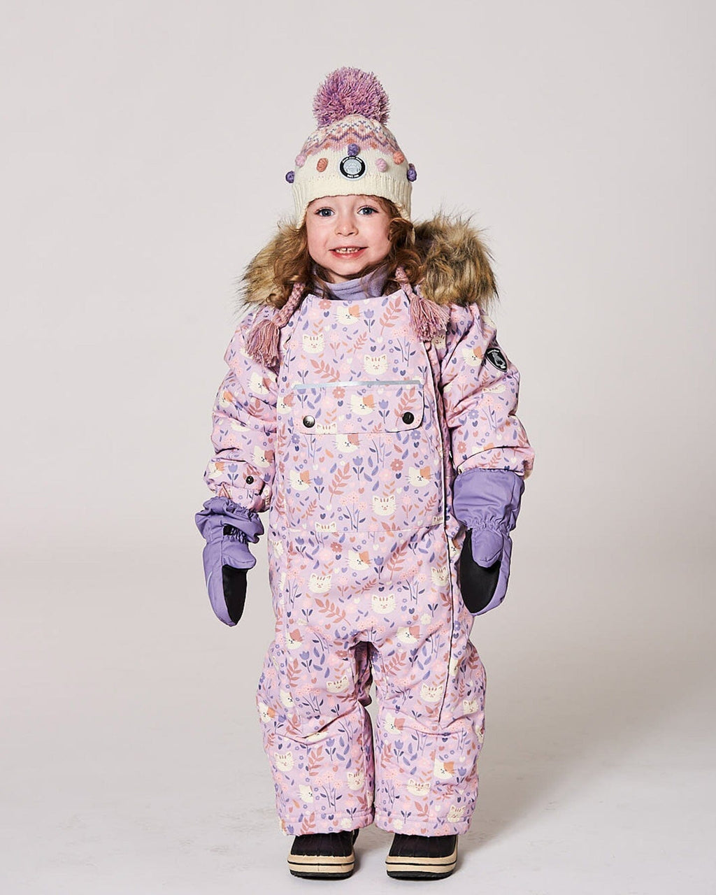 One-Piece Baby Play Snowsuit Designed For Car Seat Lilac Cat Print