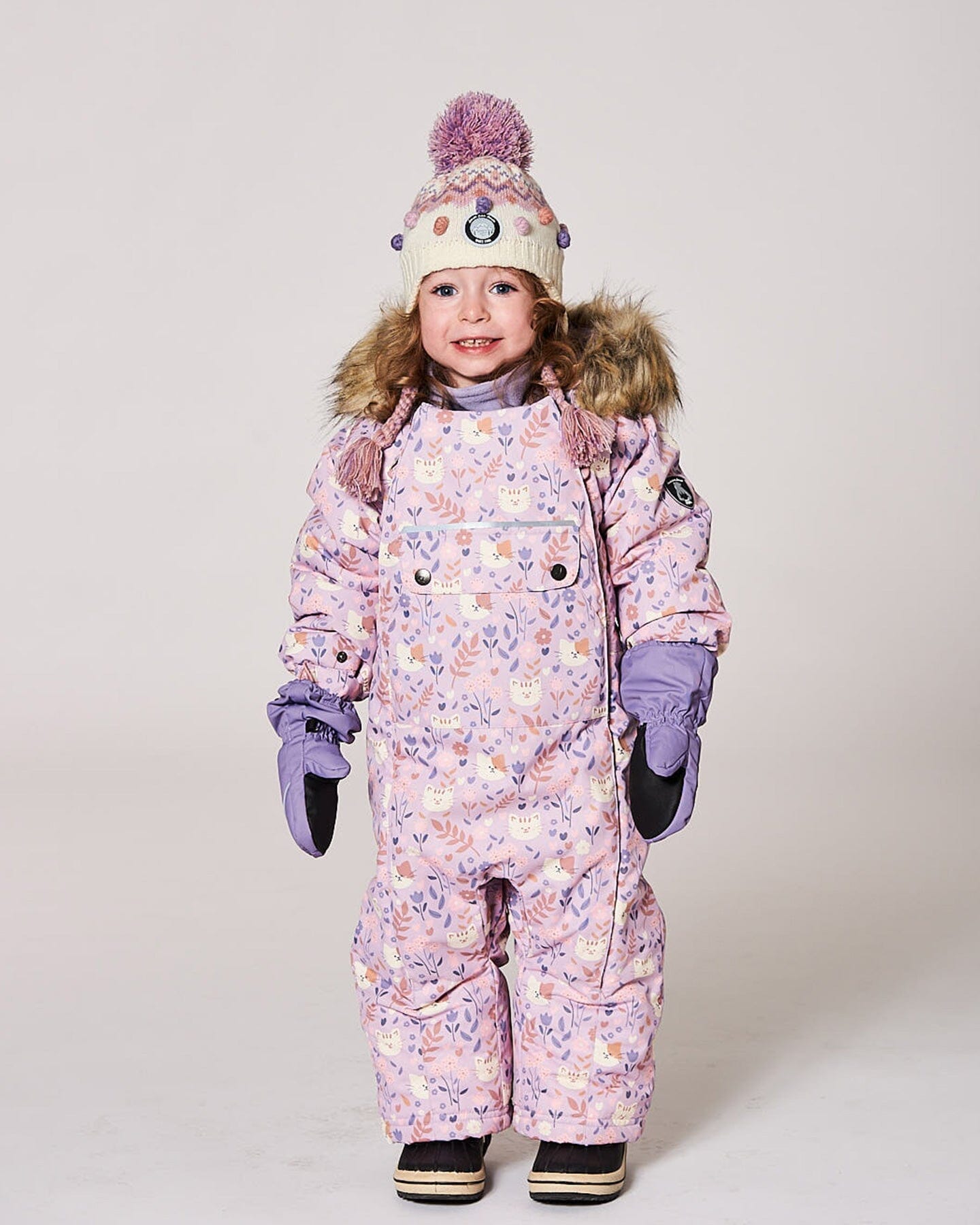 One-Piece Baby Play Snowsuit Designed For Car Seat Lilac Cat Print