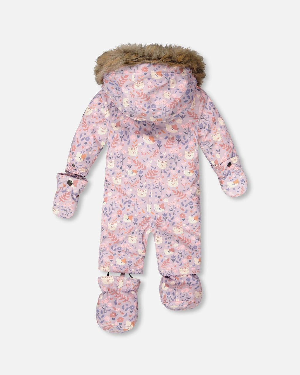 One-Piece Baby Play Snowsuit Designed For Car Seat Lilac Cat Print
