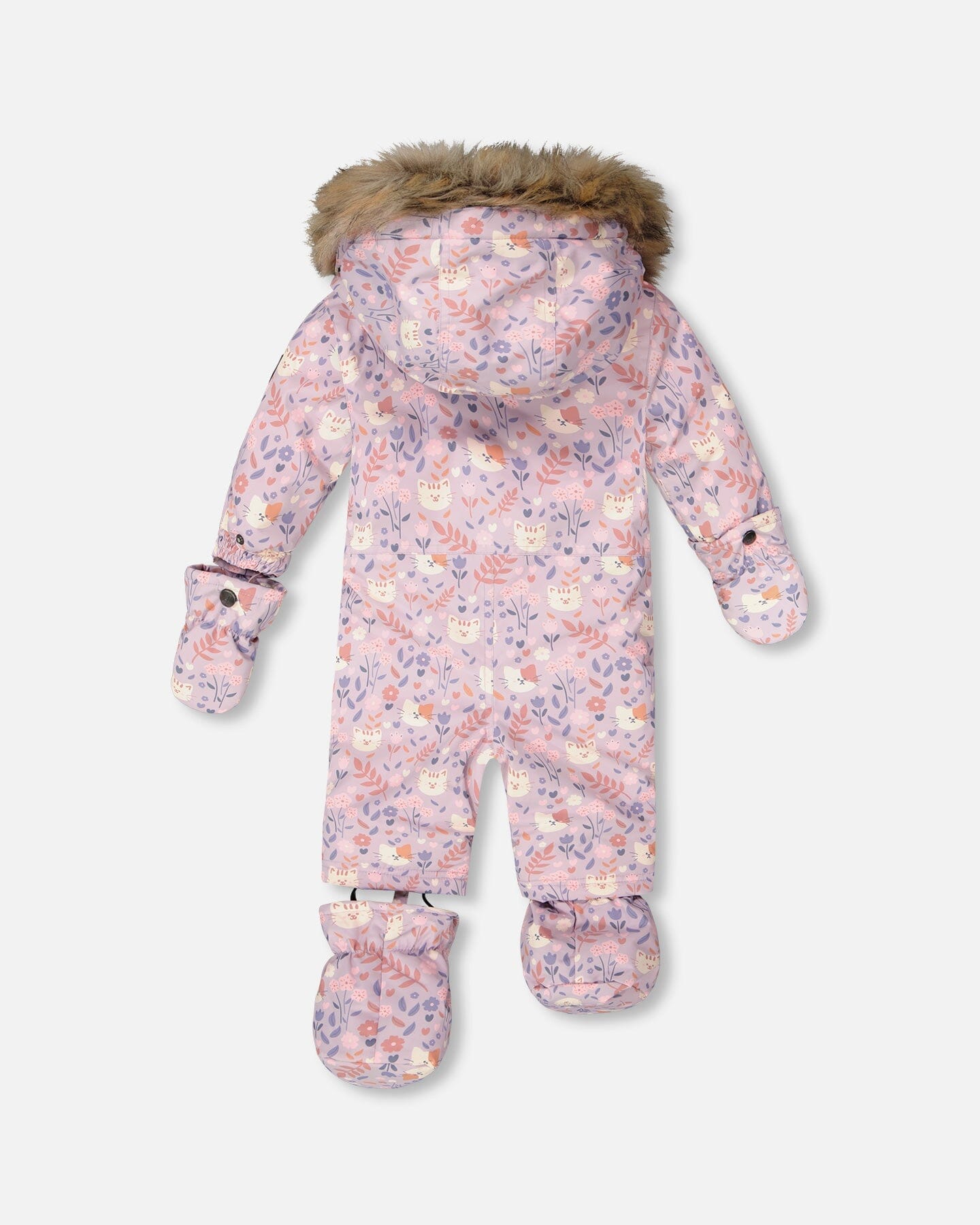 One-Piece Baby Play Snowsuit Designed For Car Seat Lilac Cat Print
