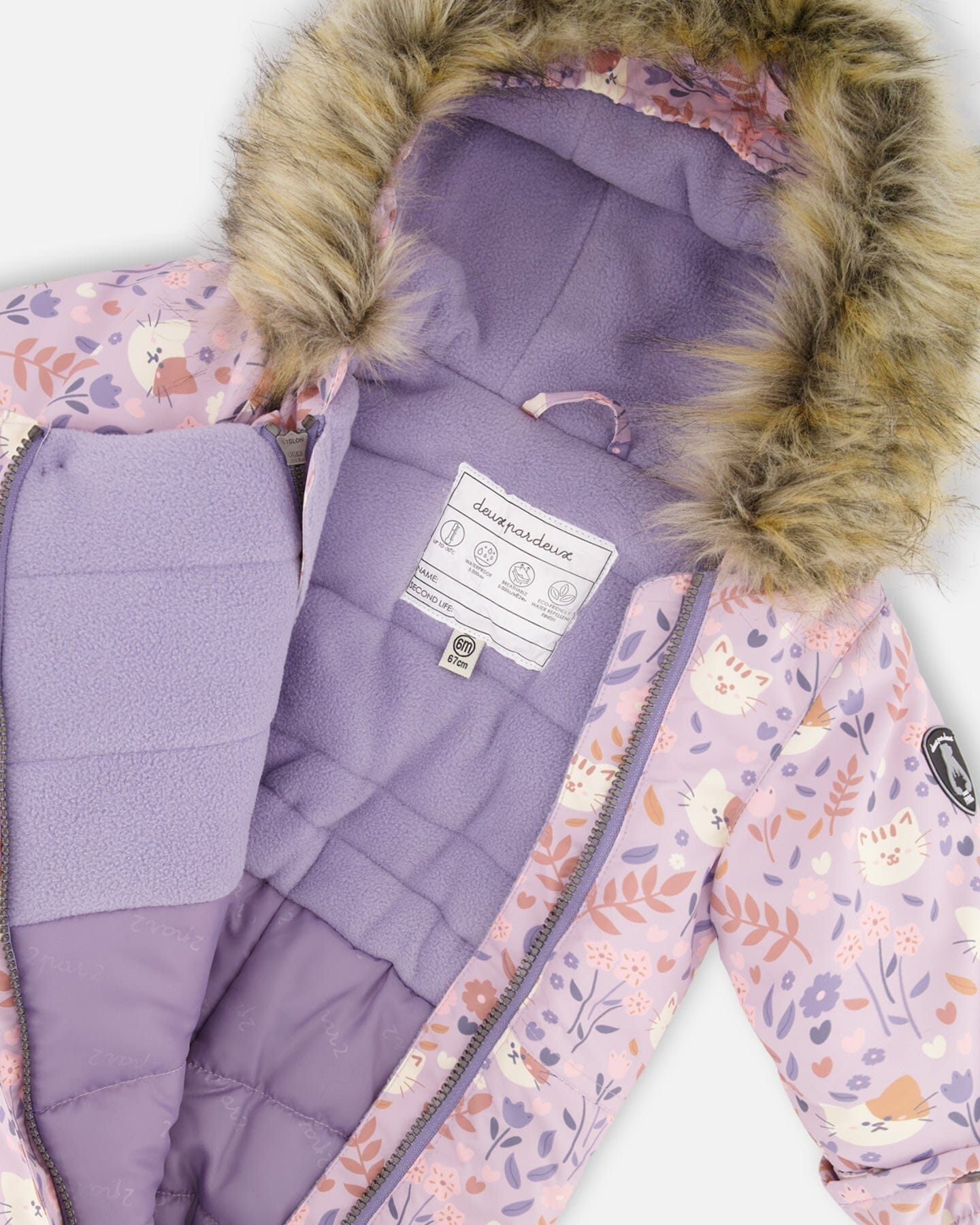 One-Piece Baby Play Snowsuit Designed For Car Seat Lilac Cat Print