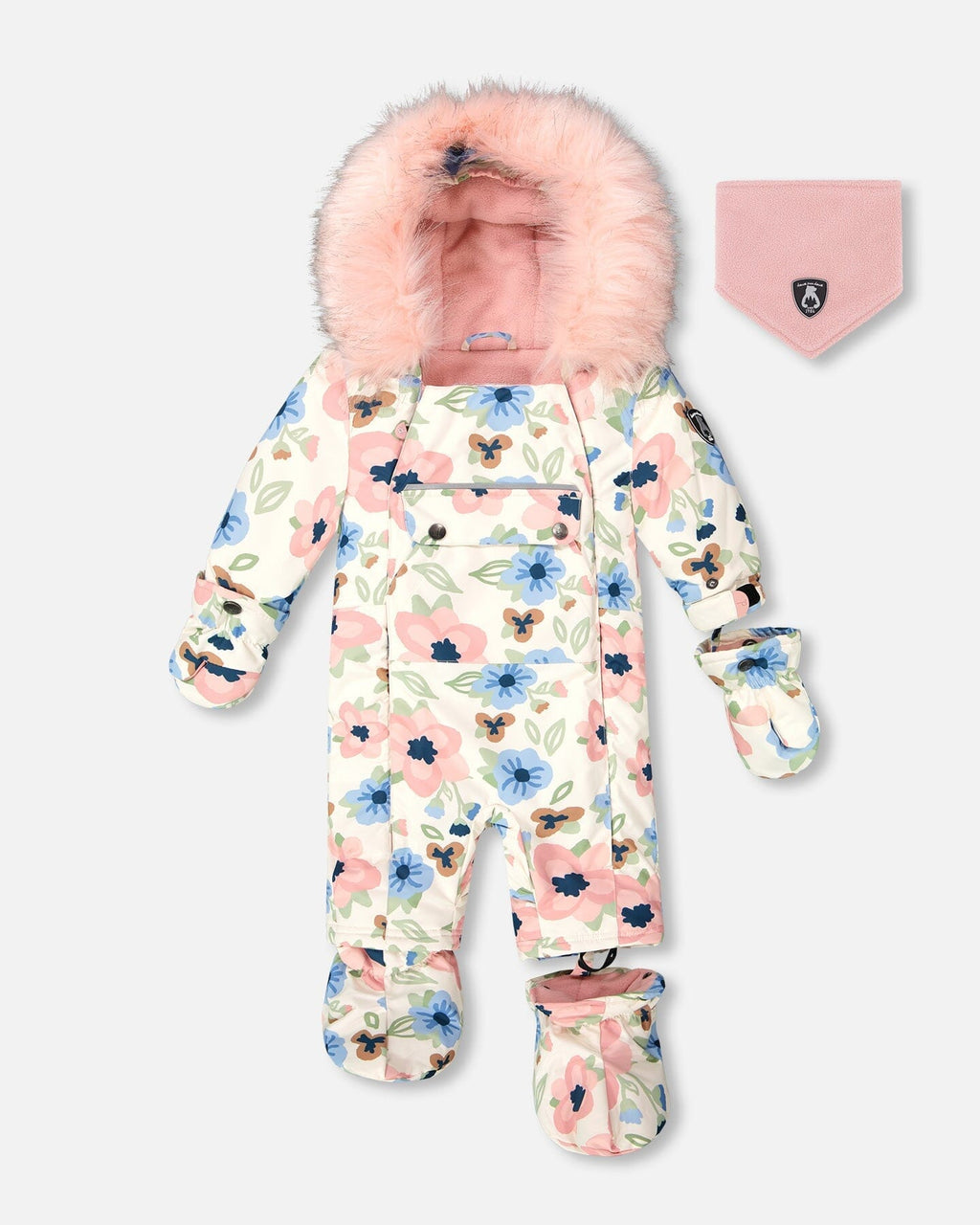 One-Piece Baby Play Snowsuit Designed For Car Seat Off-White Flower Print