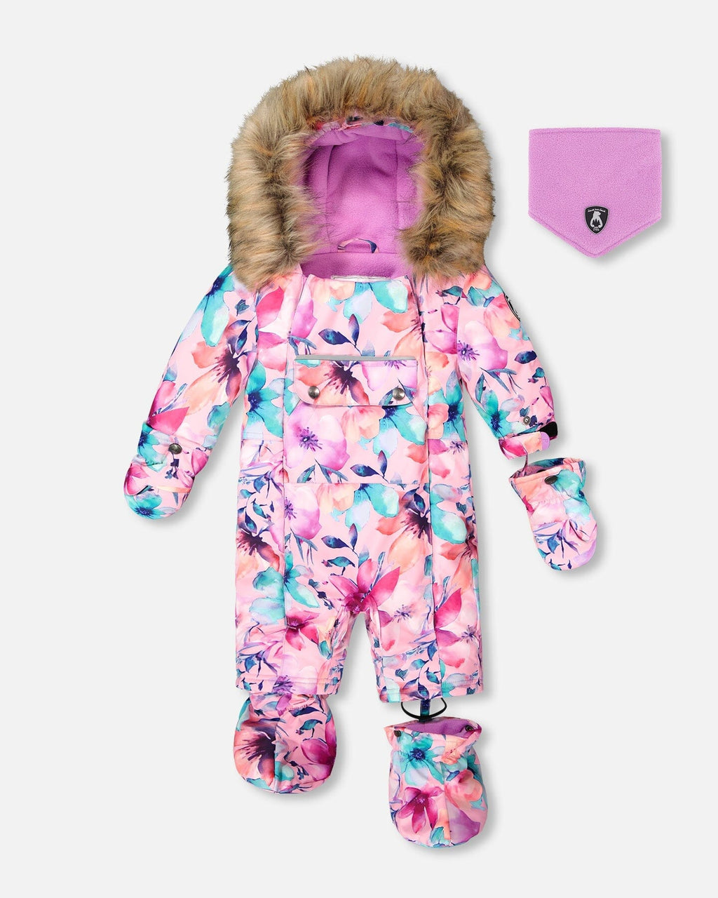 One-Piece Baby Play Snowsuit Designed For Car Seat Pink Watercolor Flower Print