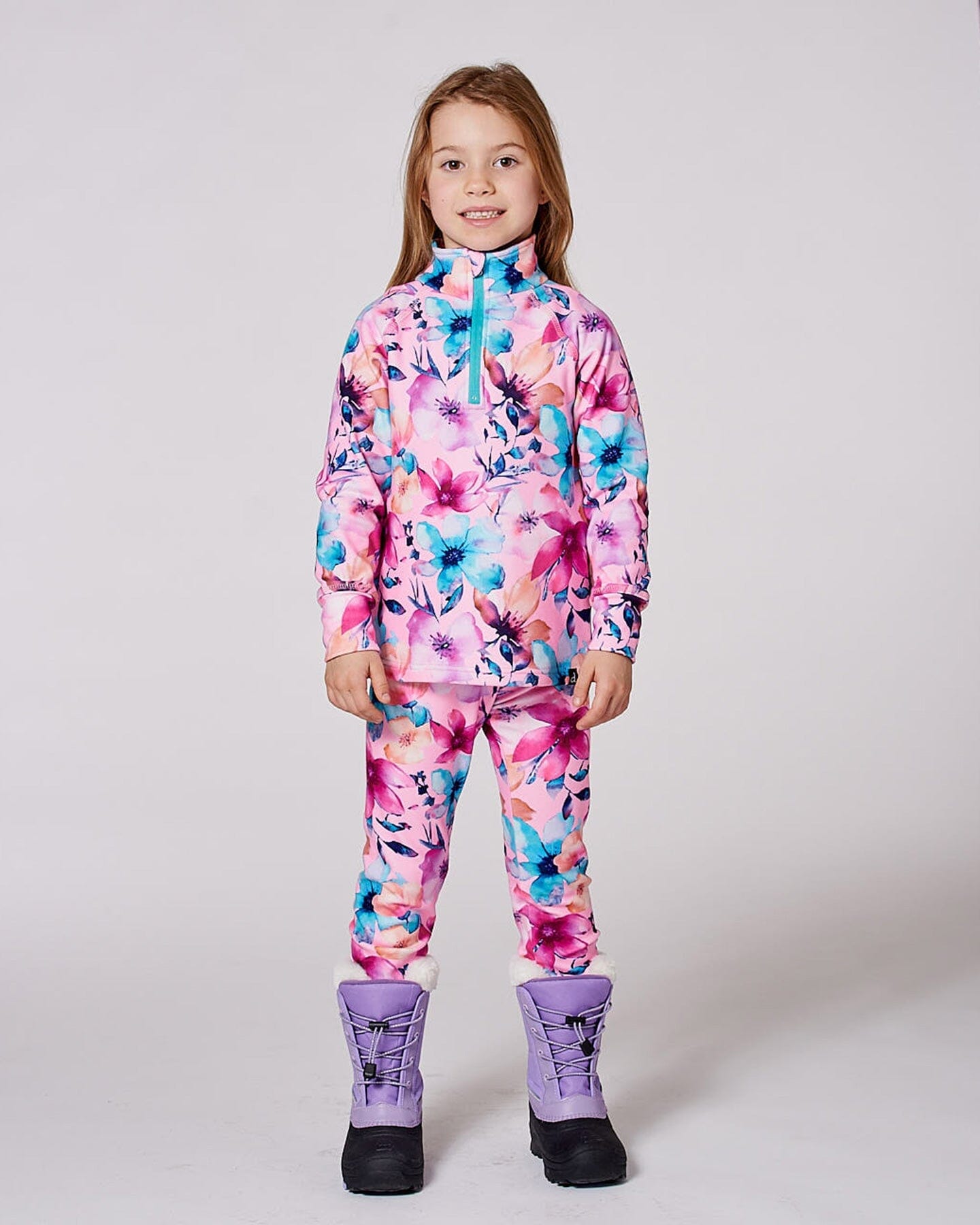 Two-Piece Thermal Underwear Set Pink Watercolor Flower Print