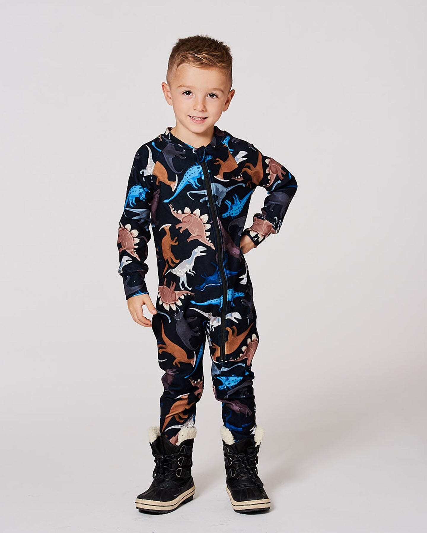 One-Piece Thermal Underwear Black Dinosaur Print