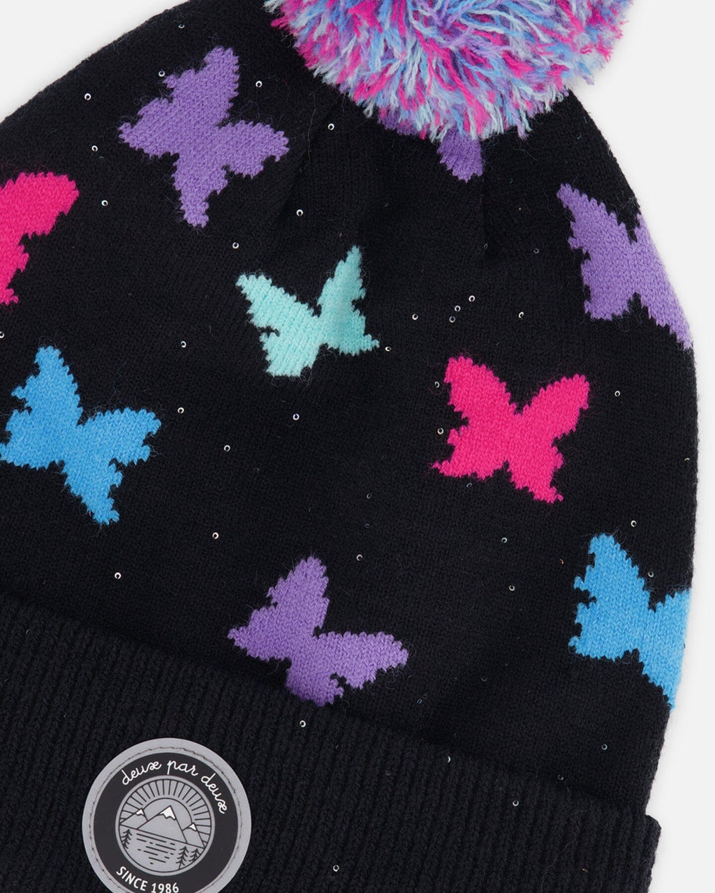 Lined Knit Pompom Hat Black Butterfly Pattern