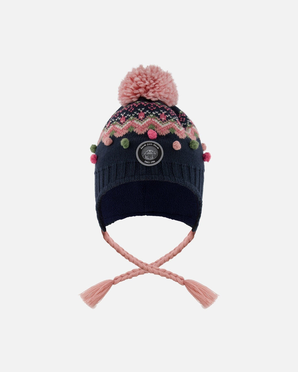 Lined Peruvian Knit Pompom Hat Navy Blue And Pink