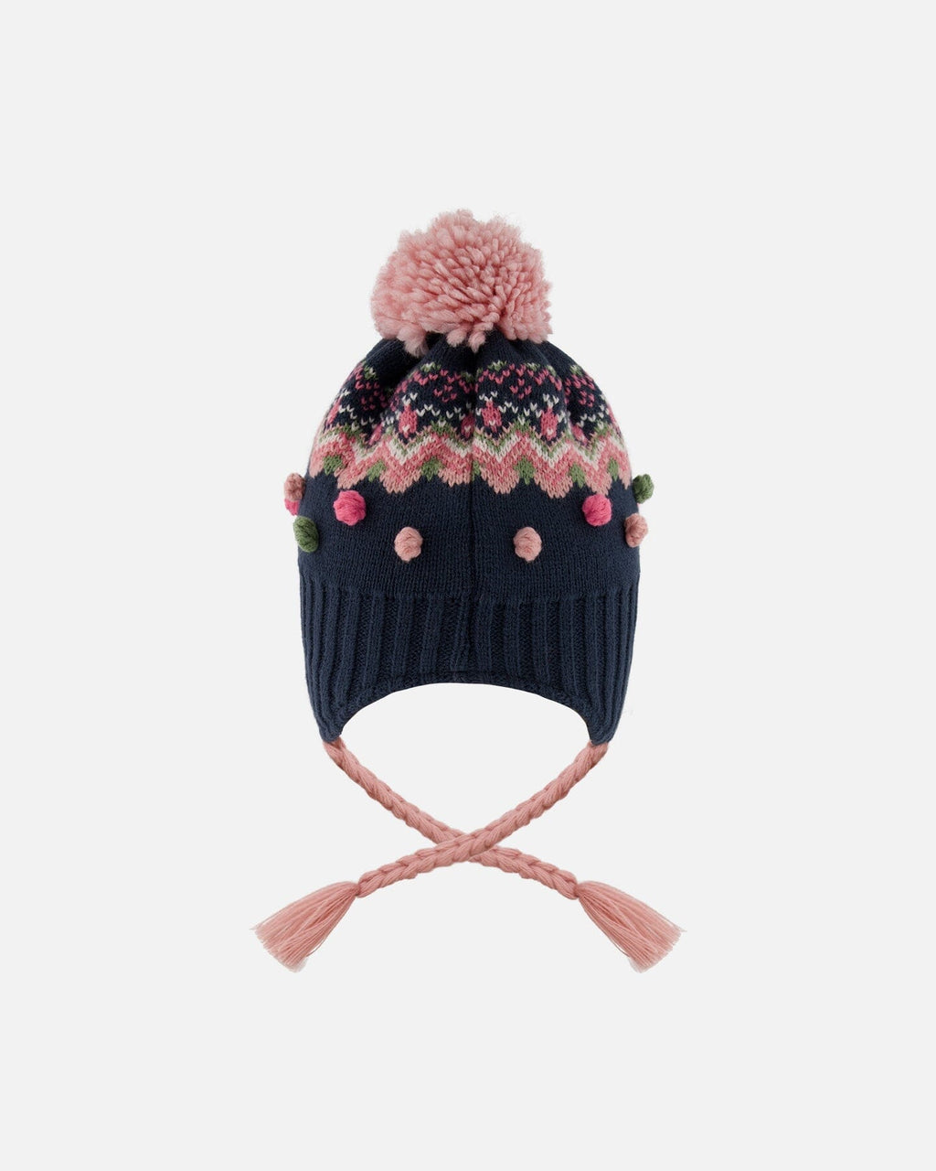 Lined Peruvian Knit Pompom Hat Navy Blue And Pink